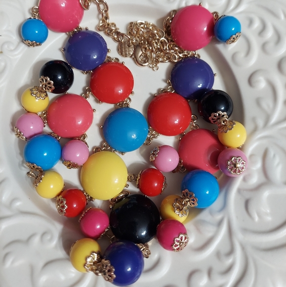 Gold & Multi-Color Round Bead Statement Necklace - Picture 7 of 8